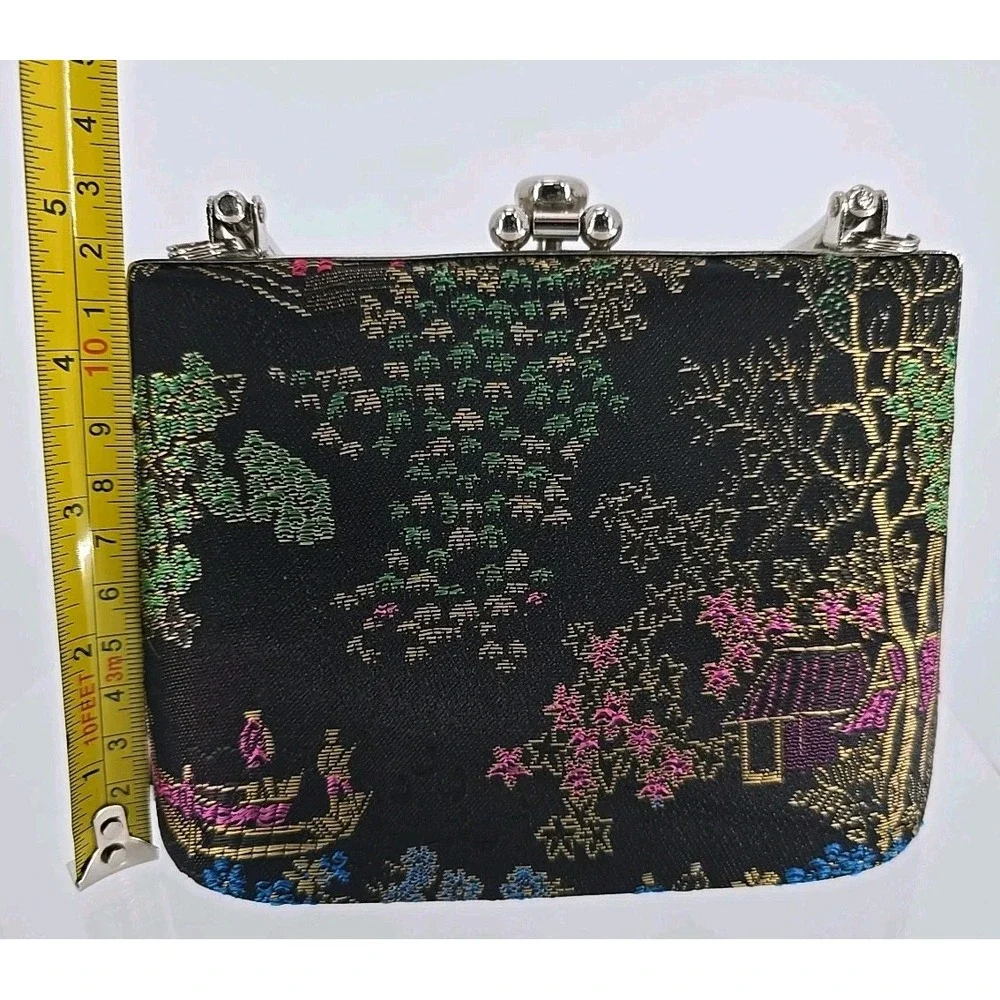 VINTAGE Purse Snap Lock Closure Needlepoint Tapestry Asia Print W/ Metal Details